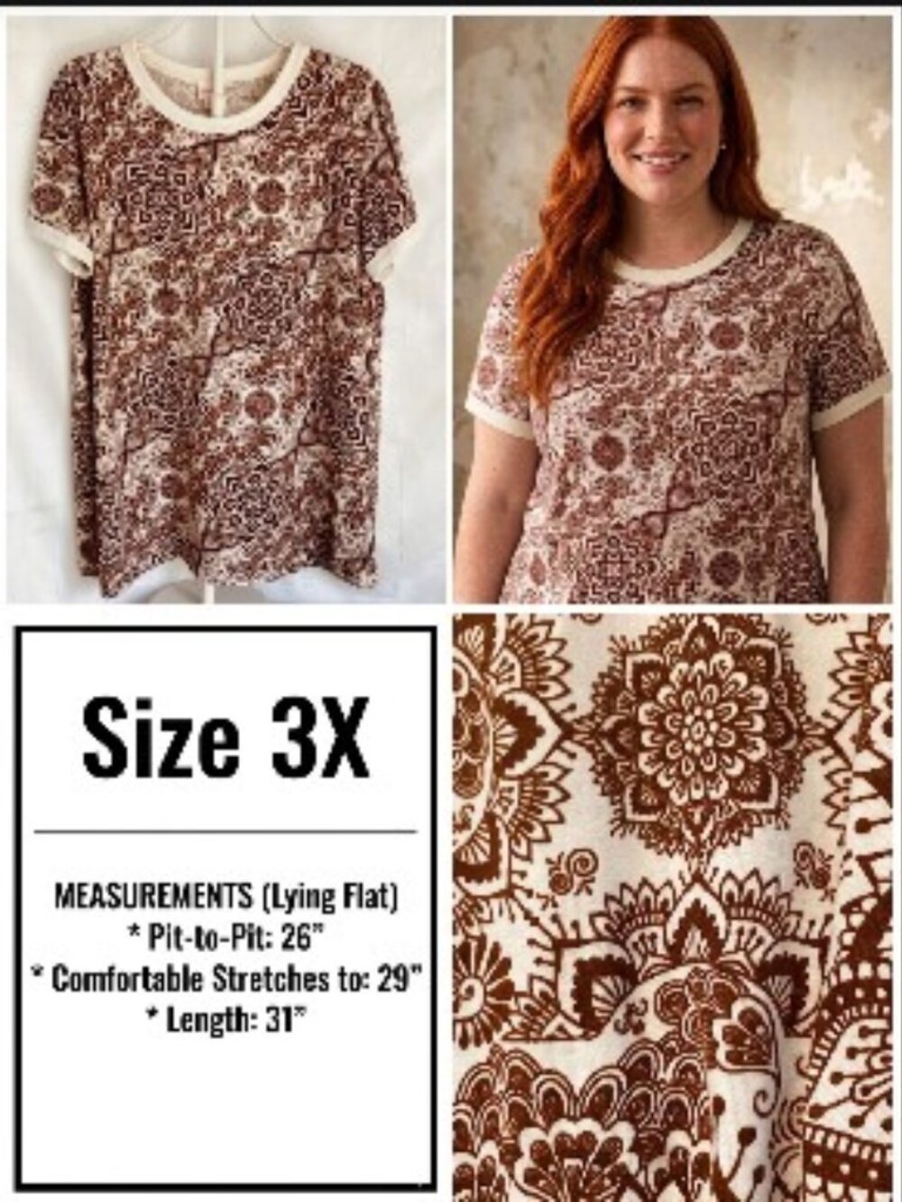 Size 3X LuLaRoe Liv Ringer Tee Brown Off White Mandala Print Top XXXL 22 24
